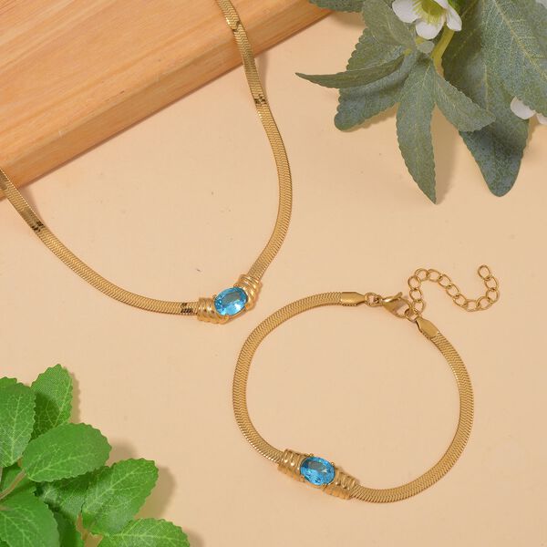 2-teiliges Schmuckset, Halskette und Armband mit Blauer Kristallen, Edelstahl goldfarben image number 2