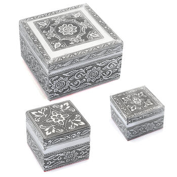 3er Set - Mandala Zauber, Handgefertigte Schachteln mit kunstvoller Gravur, Gr&ouml;&szlig;e: Gro&szlig; 12x12x6,35 cm, Mittel 8,9x8,9x5,4 cm, Klein 6,35x6,35x4,4 cm