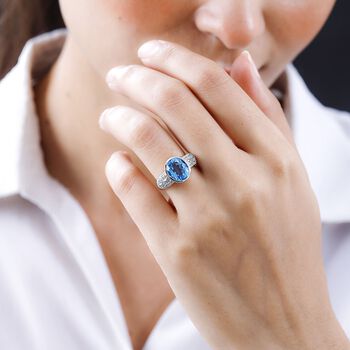 Elektrischer Blau Topas, wei&szlig;er Zirkon Ring, 925 Silber platiniert (Gr&ouml;&szlig;e 20.00) ca. 5.00 ct