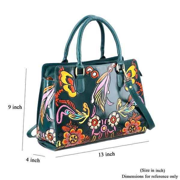 Handbemalte Satchel-Tasche aus 100% Echtleder mit kunstvoller Pr&auml;gung und Blumen-Design, 31x10x23cm, Gr&uuml;n image number 11