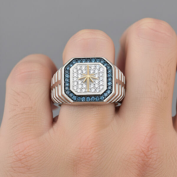 D'Joy Blauer Diamant, Weißer Diamant Ring 925 Silber Rhodiniert und 750 Gelbgold Vermeil (Größe 17.00) ca. 0,47 ct image number 2