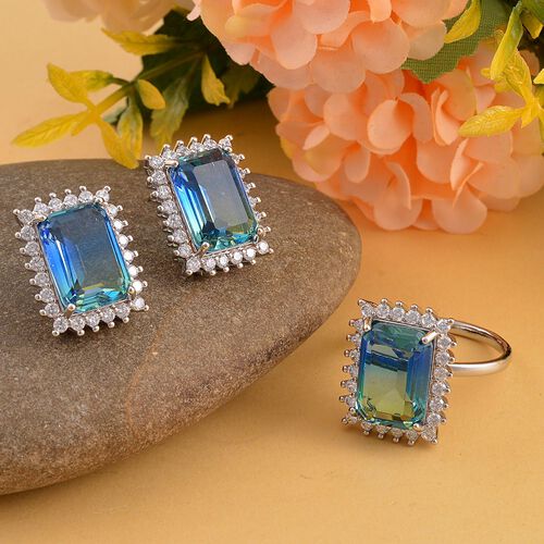 2er Set - blaues Turmalin Glas, weißer Zirkonia Ring und Ohrringe Set, Reines Messing image number 1