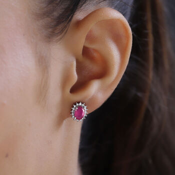 Afrikanischer Rubin (Fissure gef&uuml;llt), Wei&szlig;er Zirkon Ohrringe 925 Silber Platiniert ca. 3.28 ct