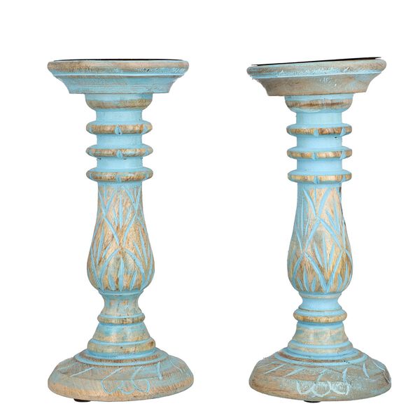 Set aus 2 antiken geschnitzten Holzkerzenhaltern mit rundem St&auml;nder, 23cm, Altblau image number 4