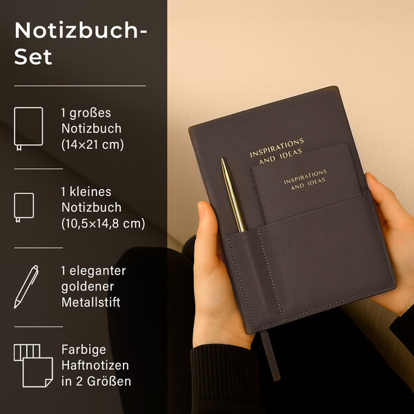 Notizbuch-Set, Braun, 2 Größen, PU-Einband, Metallstift, Geschenkbox Schwarz image number 2