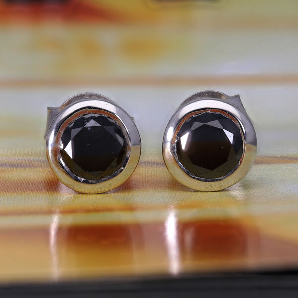 Schwarze Diamant-Solitär-Ohrstecker in Silber image number 2