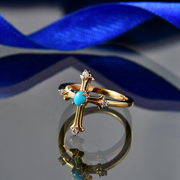 D'Joy AA Sleeping Beauty T&uuml;rkis, Wei&szlig;er Zirkon Ring 925 Silber 750 Vergoldet (Gr&ouml;&szlig;e 17.00) ca. 0,31 ct image number 1