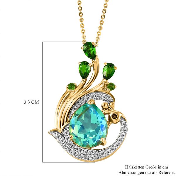 Pfau Triplett Quarz und nat&uuml;rlicher Chromdiopsid-Anh&auml;nger mit Kette, 925 Silber vergoldet ca. 5,79 ct image number 7