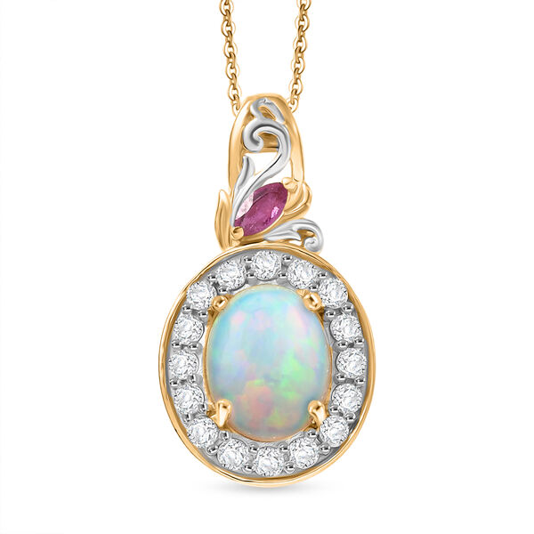 D'Joy nat&uuml;rlicher, &auml;thiopischer Welo Opal, afrikanischer Rubin und Zirkon Anh&auml;nger mit 50cm Kette - 2,13 ct.