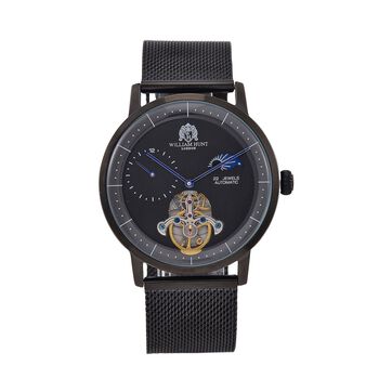 William Hunt Automatik-Uhr - IP-schwarzbeschichtetes Edelstahlgeh&auml;use, schwarzes Multifunktionszifferblatt mit gew&ouml;lbtem Glas, Edelstahl-Mesh-Armband, Glasboden, 5 ATM wasserdicht, Reiner Edelstahl