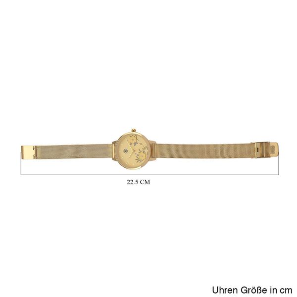 STRADA Uhr mit Japanischem PC21S Werk, Edelstahl-Mesharmband Goldfarben, florales Zifferblatt Gelb mit Weißem Kristall image number 7