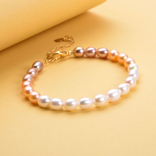 Mehrfarbiges S&uuml;&szlig;wasserperlen-Armband, ca. 16.5 cm, Edelstahl goldfarben image number 2