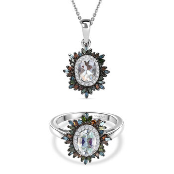 D'Joy AAA Premium Malagasy Mondstein und mehrfarbiger Diamant Ring und Anh&auml;nger mit 50cm Kette