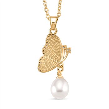 Wei&szlig;e S&uuml;&szlig;wasser Perle, Wei&szlig;er Zirkonia Schmuckset (ca. 50 cm + 5 cm Extender), Nickelfreies Messing gelb vergoldet