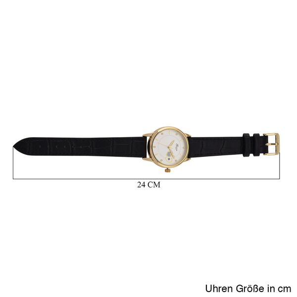 GENOA - Moissanit, Automatik-Armbanduhr mit Herz-Design und Datumsanzeige, Dandong-Uhrwerk, Wei&szlig;es Zifferblatt, Goldfarben, Schwarz Lederarmband, 36 mm image number 8
