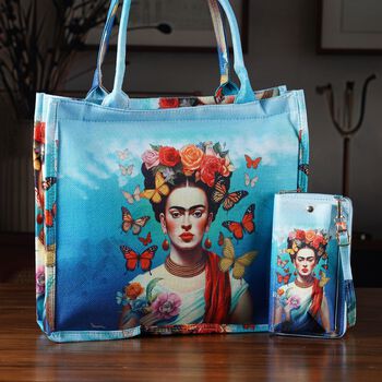 Frida Kahlo und Schmetterling Design Set, Shopper und Handy Umh&auml;ngetasche, 40 x 12 x 35 cm, Blau