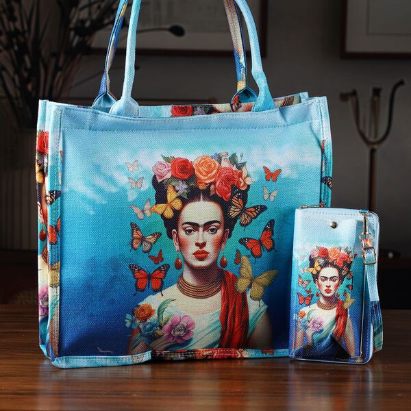 Frida Kahlo und Schmetterling Design Set, Shopper und Handy Umhängetasche, 40 x 12 x 35 cm, Blau image number 2