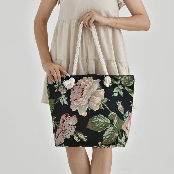 Jacquardgewebte Tasche aus Jute mit Futter, Reißverschluss und verstellbarer Kordel Riemen, 42x37x34 cm, Rosengarten image number 3