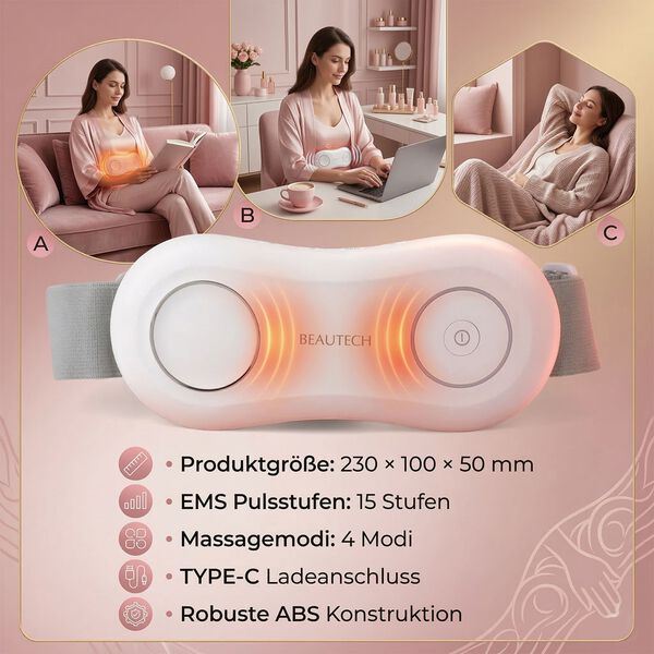BEAUTECH Bauchmassageger&auml;t, EMS, 4 Modi, wiederaufladbar, 23x10x5cm, Wei&szlig; image number 4