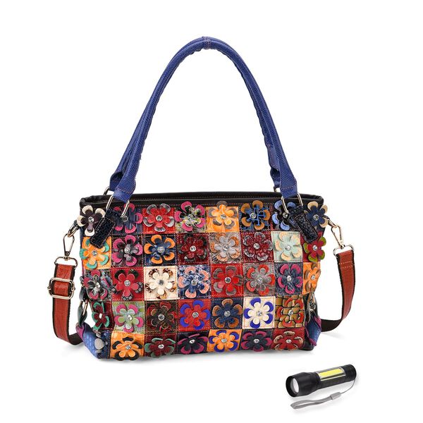 Chaos by Elsie - Echtleder-Umhängetasche mit Blumenmuster und RFID-Schutz inkl. Mini-Taschenlampe, 36x10,5x21 cm, Mehrfarbig Floral