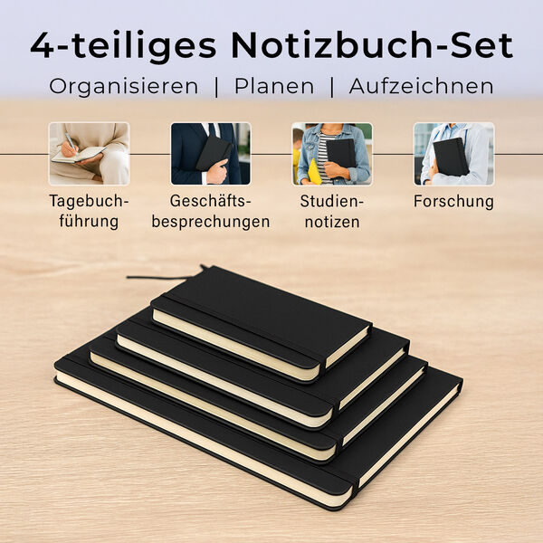 4-teiliges Notizbuch-Set mit Gummibandverschluss, Kunstleder und Papier, verschiedene Größen, Schwarz image number 1