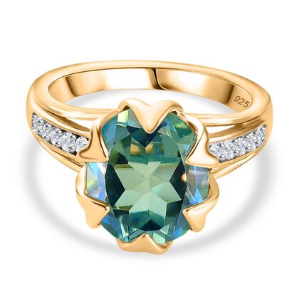 Pfau Quarz Triplette, Wei&szlig;er Zirkon Ring, 925 Silber, 750 Gelbgold Vermeil (Gr&ouml;&szlig;e 20.00), ca. 4.94 ct