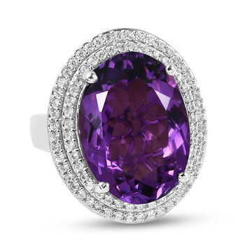 Lusaka Amethyst und Zirkon Halo-Ring, 925 Silber platiniert (Gr&ouml;&szlig;e 16.00) ca. 18.62 ct