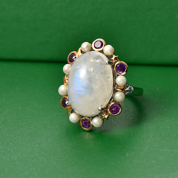 GP - Regenbogen Mondstein, S&uuml;&szlig;wasser Perle (3mm) Ring 925 Silber Rhodiniert und 750 Gelbgold Vermeil (Gr&ouml;&szlig;e 20.00) image number 1