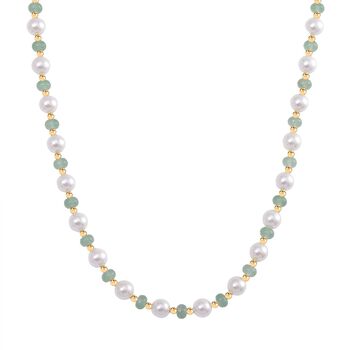 Wei&szlig;e Muschelkernperle (7-9 mm), Gr&uuml;ner Quarz Halskette ca. 45 cm+ 5 cm Extender, gelb vergoldet