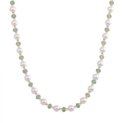 Wei&szlig;e Muschelkernperle (7-9 mm), Gr&uuml;ner Quarz Halskette ca. 45 cm+ 5 cm Extender, gelb vergoldet