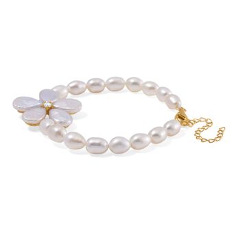 Keshi Perle (12x9 mm), Wei&szlig;e S&uuml;&szlig;wasser Perle (7-8mm) Armband ca. 18 cm + 5 cm Extender, 925 Silber vergoldet