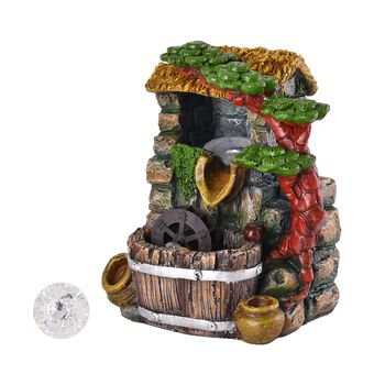 Wasserbrunnen mit LED Lichter und Kristallkugel, 17x14x21 cm, Stein Haus und M&uuml;hlrad