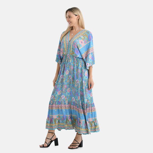 Maxikleid mit Blumenmuster, V-Ausschnitt, elastischer Taille und Rückenschleife, 38×135 cm, Blau image number 3