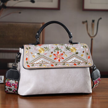 Florale Kunstprint Crossbody-Tasche mit gemustertem Schulterriemen, 29 x 11 x 21 cm, Offwhite