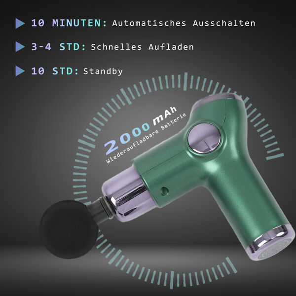 Mini-Muskel-Massage-Pistole mit 4 Massagek&ouml;pfen, 32 St&auml;rken, Gr&uuml;n image number 5