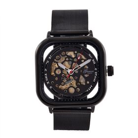 GENOA TIME V2 42mm Automatische Mechanikuhr - Schwarzes hohles Zifferblatt, Gehäuse aus Legierung mit IPS-Beschichtung, Edelstahl-Mesh-Armband, 3 ATM wasserdicht, 8.5 cm, schwarz