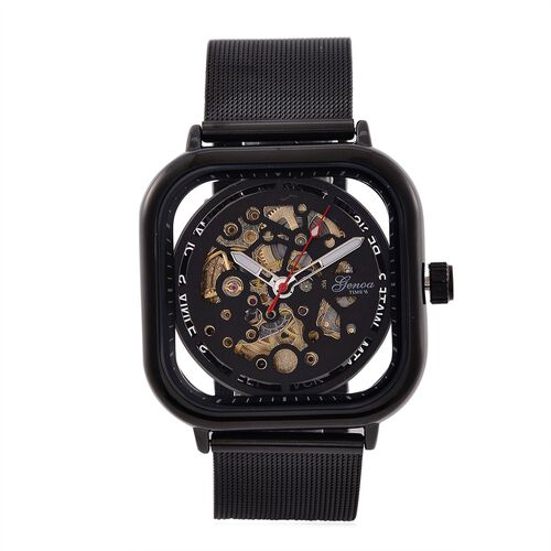 GENOA TIME V2 42mm Automatische Mechanikuhr - Schwarzes hohles Zifferblatt, Gehäuse aus Legierung mit IPS-Beschichtung, Edelstahl-Mesh-Armband, 3 ATM wasserdicht, 8.5 cm, schwarz image number 0