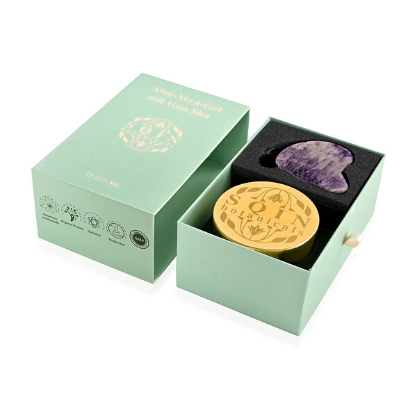 "ALOE VERA gel with Gemstone Rose quartz - 225 ml Gua Sha Size  Color - Green Box Size- 17 - x 11  x 7 cm Gua sha Dimension - 7 x 4.5 cm", " Amethyst Gemstone Gua sha  Size - 7 x 4.5 cm Color- Purple" image number 6