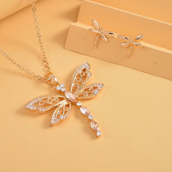 Libelle Kristall-Anhänger mit Kette und Ohrringe in Goldton - 3 ct. image number 2
