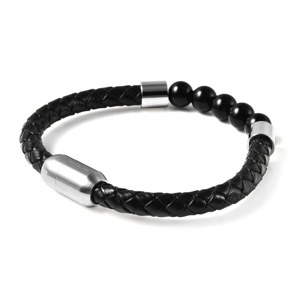Schwarzes Achatperlen-, Leder Herren-Armband, 20 cm lang, Edelstahl ca. 25,00 ct image number 3