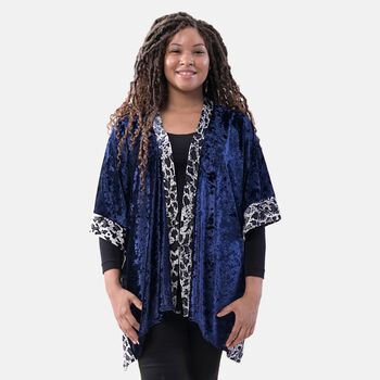 TAMSY - Samt Kimono mit Leopardenmuster Bord&uuml;re, Einheitsgr&ouml;&szlig;e Dunkelblau