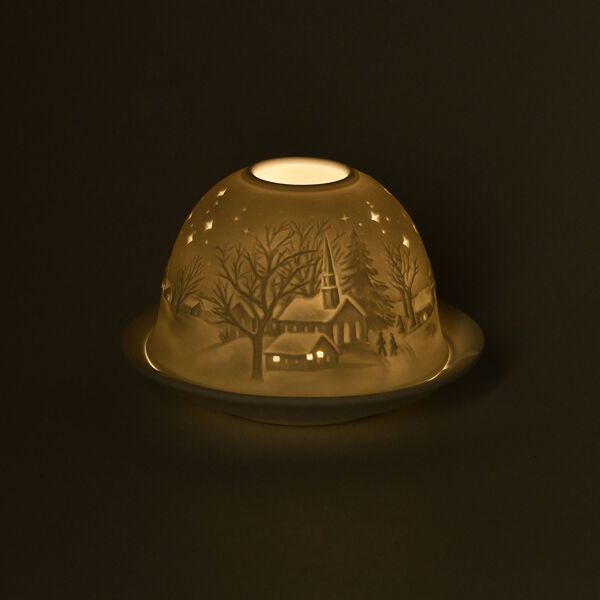 Porzellan-Teelichthalter mit LED, Kapelle im Winter Motiv image number 3