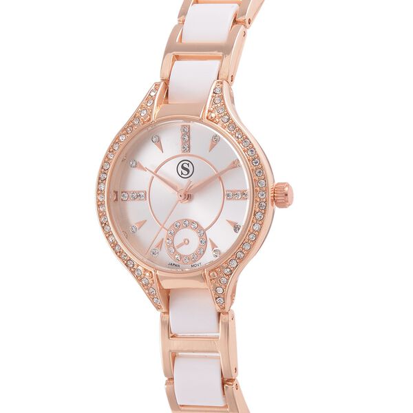 STRADA- Japanisches Uhrwerk, Weißer Kristall, roséfarben, schwarzes Riemen image number 4