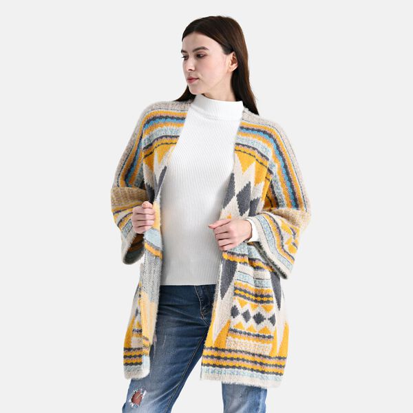 Cardigan mit grafischem Rautenmuster und Taschen, Einheitsgr&ouml;&szlig;e, Sonnengelb image number 4