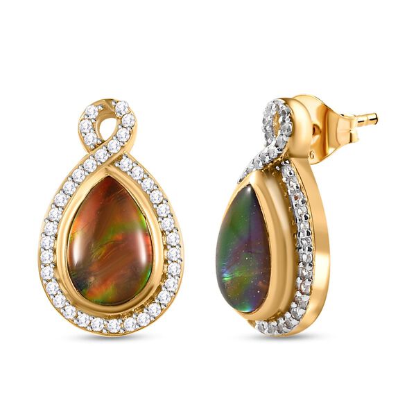 Kanadische Ammolit und wei&szlig;e Zirkon-Ohrringe, 925 Silber Gelbgold Vermeil ca. 2.85 ct image number 4