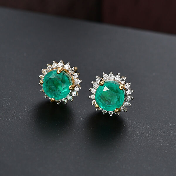 D'Joy Smaragd-Quarz Triplette, Wei&szlig;er Zirkon Ohrringe 925 Silber Gelbes Gold ca. 2,80 ct. image number 1