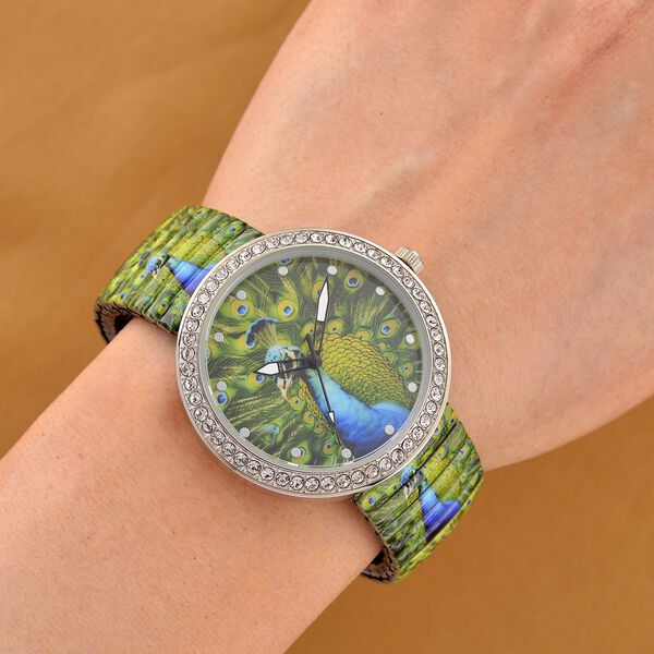 STRADA - Armbanduhr mit Pfaumotiv, Kristall-Lünette, Japanisches Uhrwerk, Edelstahlzugband, Reiner Edelstahl image number 2