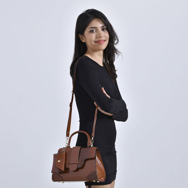 Premium PU Lackleder Handtasche mit Schlangen Pr&auml;gung und extra Riemen, 28 x 19 x 11 cm, Cognac image number 2