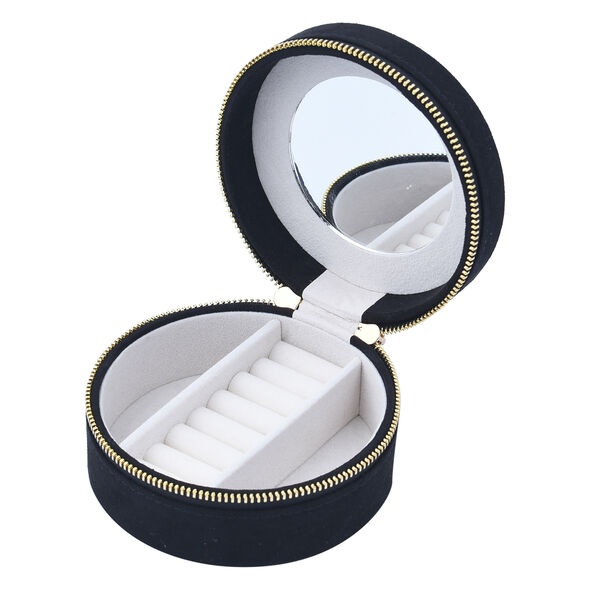 Runder Schmuckkasten mit besticktem Muster und Rei&szlig;verschluss, Gr&ouml;&szlig;e 11,3x11,3x5,6 cm, Schwarz image number 5