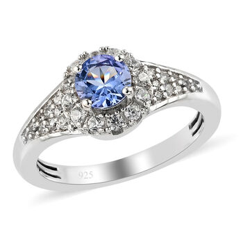 Tansanit und Zirkon Ring 925 Silber platiniert  ca. 0,92 ct